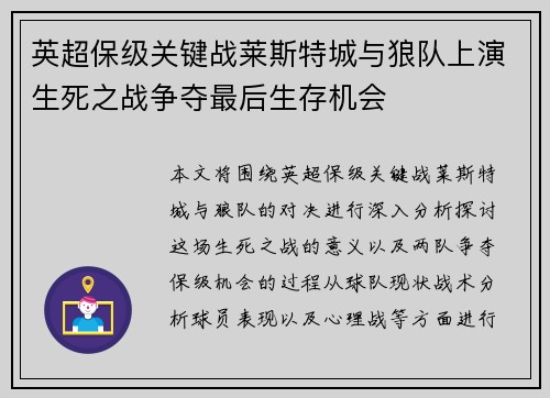 英超保级关键战莱斯特城与狼队上演生死之战争夺最后生存机会